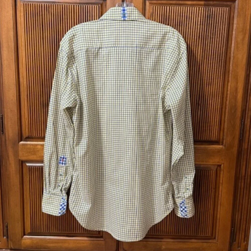 Robert Graham X Yellow & Blue Checked Long Sleeve Shirt Flip Cuffs Size M
